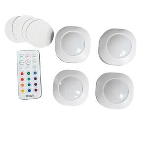 RCA LED Puck Lights Battery White Stick On Lucite Remote Color Changing Set Of 4